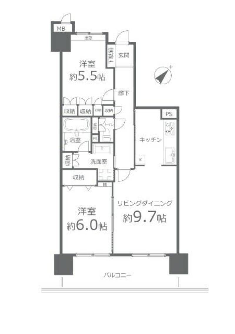 高松市 室新町 (栗林公園駅) 2階 2LDK の間取り画像