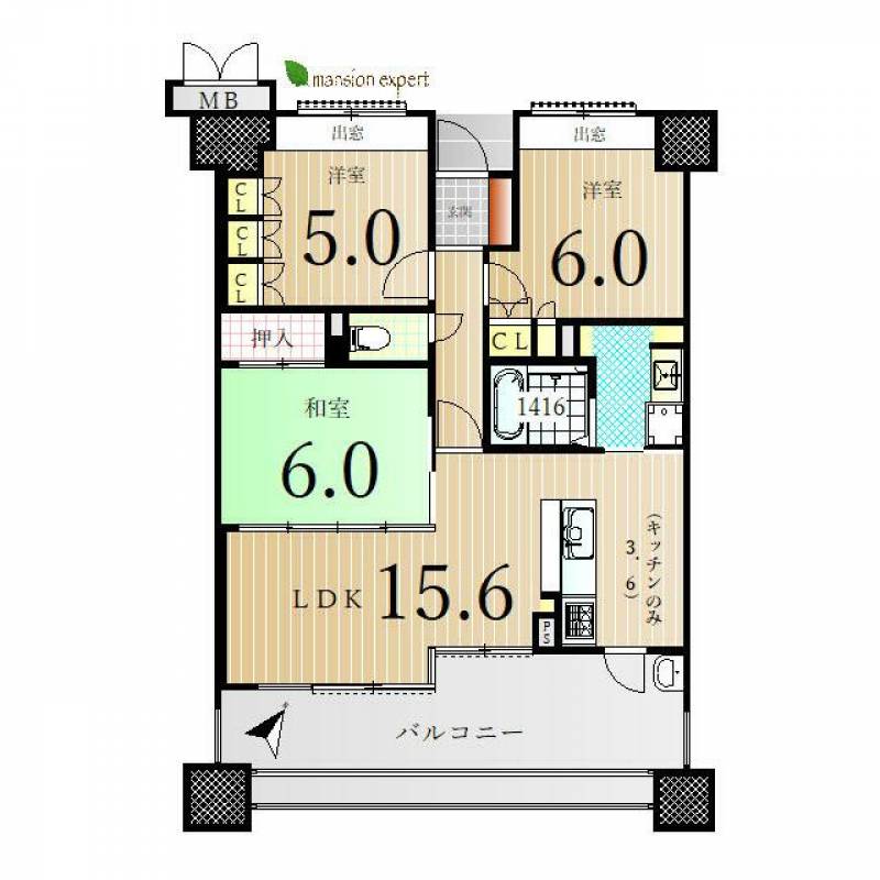 サーパス高松駅前フレシアサンポート 6階 ３ＬＤＫ の間取り画像