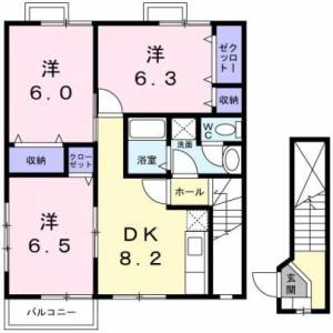 ファミール光葉Ⅱ　Ｂ棟　赤星の3DK賃貸アパート 201の間取り画像