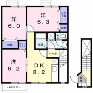 ピソソルアード東仙房　伊予三島の3DK賃貸アパート 202の間取り画像