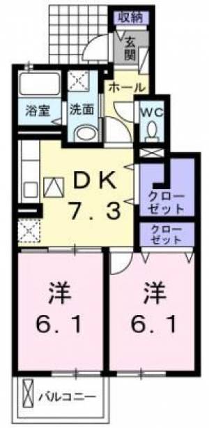 イオラニ２３　Ａ　伊予寒川の2DK賃貸アパート 102の間取り画像