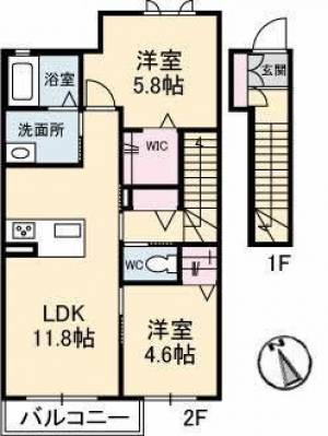 フェリシードさおの森　川之江の2LDK賃貸アパート 203の間取り画像