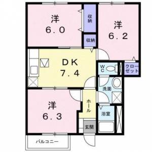 オーブリーＳⅡＢ　伊予三島の3DK賃貸アパート 102の間取り画像