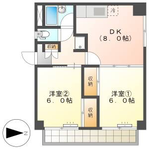 高知市横内　2DK　3F（最上階・角部屋・敷地内P） の間取り画像