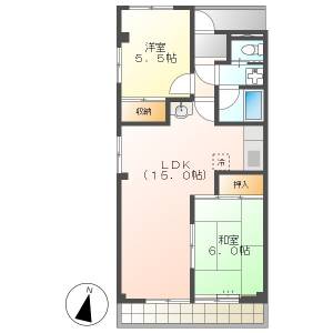 高知市大川筋2　2LDK　4F（南向き・リフォーム中・9月上旬入居可能予定） の間取り画像