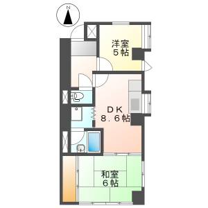 高知市南宝永町　2DK　6F(手数料半額・P込・無料ネット) の間取り画像