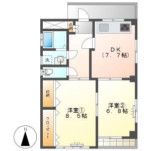 高知市大川筋1　2DK　2F（P有・南向き・リバービュー） の間取り画像