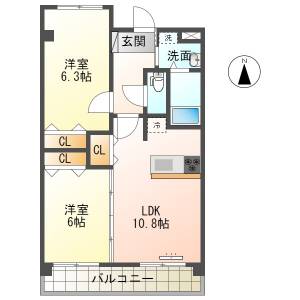  高知市石立町 2LDK 2F(敷礼金０円・ネット無料) の間取り画像