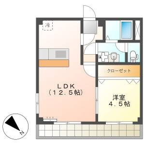 高知市朝倉丙　1LDK　6F（角部屋・無料ネット・単身専用） の間取り画像