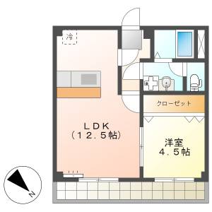 高知市朝倉丙　1LDK　2F（無料ネット・単身専用） の間取り画像