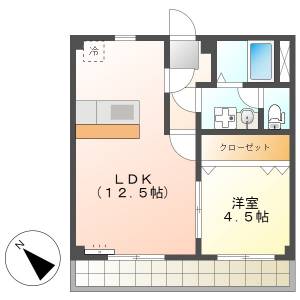 高知市朝倉丙　1LDK　4F（無料ネット・角部屋・単身専用） の間取り画像