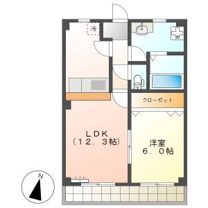 高知市鴨部3　1LDK　2F（無料ネット・角部屋・単身専用） の間取り画像