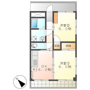 高知市みづき1　2DK　3F（初月地区・最上階角部屋・P有） の間取り画像