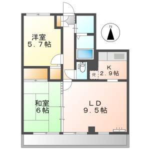 高知市仲田町 2LDK 最上階(敷礼0円・P1台込) の間取り画像