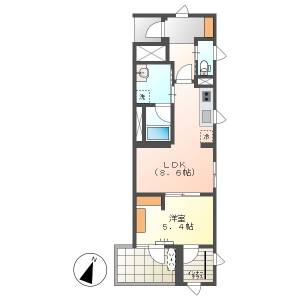 高知市中須賀町　1LDK　1F（新築・P2台可・東角部屋） の間取り画像