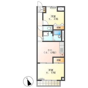 高知市梅ノ辻　2DK　3F（鏡川近く・駐車場有） の間取り画像