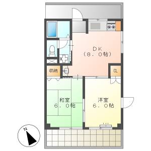 高知市種崎　2DK　5F（最上階・角部屋・P1台込） の間取り画像