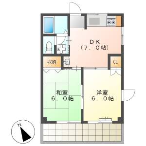 高知市種崎　2DK　5F（最上階角部屋、駐車場1台込み） の間取り画像