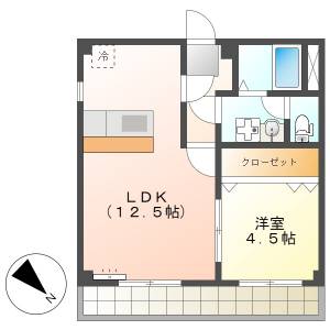 高知市朝倉丙　1LDK　4F（無料ネット・角部屋・単身専用） の間取り画像