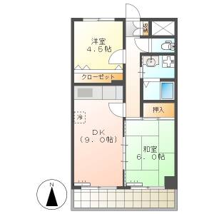 高知市唐人町　2DK　7F（鏡川ビュー・南向き・都市ガス） の間取り画像