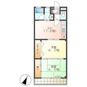 高知市朝倉丙　2DK　2F（鏡川沿い・敷地内P1台込み） の間取り画像