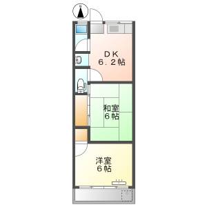 高知市城山町 2DK 最上階（敷金礼金0円・角部屋） の間取り画像