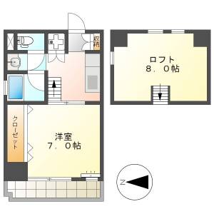 高知市丸ノ内1　1K+ロフト　6F（最上階角部屋・都市ガス） の間取り画像