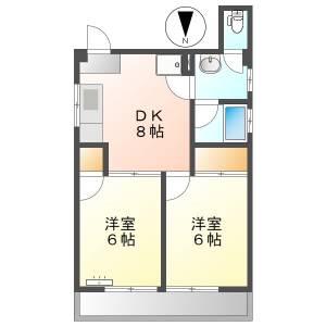 高知市北端町 2DK 3F(駐車場1台込み) の間取り画像