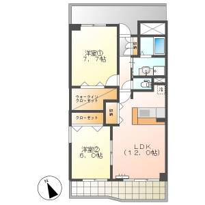 高知市潮新町2　2LDK　5F（角部屋・オートロック・P有） の間取り画像