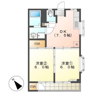 高知市神田　2DK　2F（角部屋・敷地内P1台込） の間取り画像