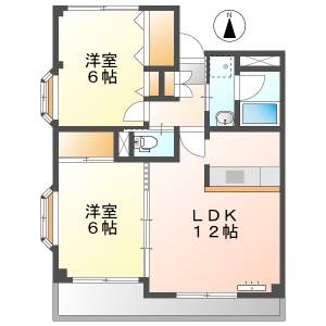 高知市大原町 2LDK 最上階(角部屋) の間取り画像