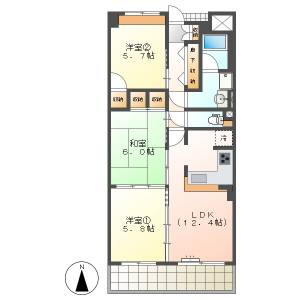 高知市大原町　3LDK　5F（無料ネット・オートロック） の間取り画像