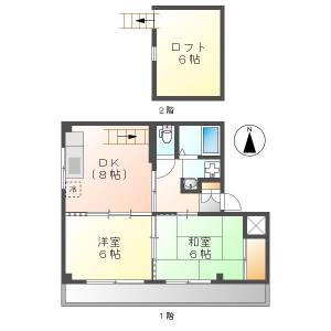 高知市役知町 2DK+ロフト 最上階(敷礼0円) の間取り画像