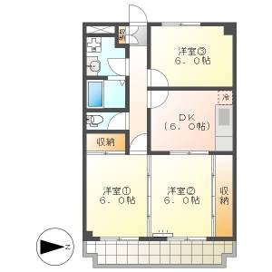 高知市神田　3DK　4F（最上階・東向・P有・コンビニ近） の間取り画像