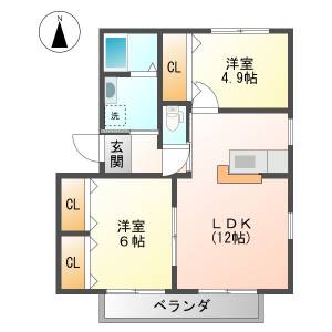 高知市朝倉丙 2LDK 2F(敷金礼金0円・駐車場1台0円) の間取り画像