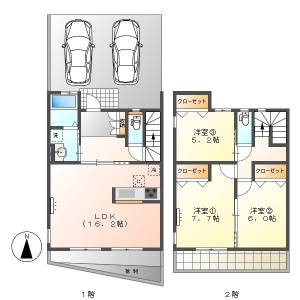 高知市鏡川町　3LDK　メゾネット（P2台付・リバービュー） の間取り画像