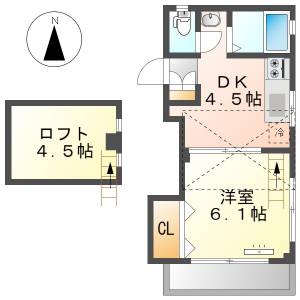 高知市神田 1DK+ロフト 最上階(敷礼金０円) の間取り画像