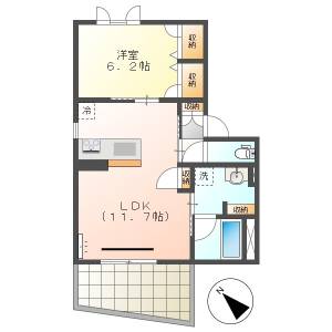 高知市鳥越　1LDK　1F（鏡川・無料ネット・P1台無料） の間取り画像