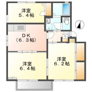 高知市朝倉丙 3DK 2F（P1台込・最上階角部屋） 　の間取り画像