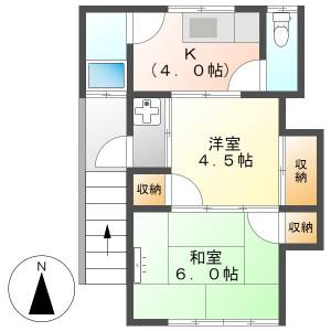 高知市東城山町　2K　2F（角部屋・南向き） の間取り画像