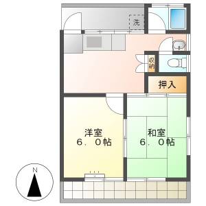 高知市神田　2DK　３F（駐車場1台込み） の間取り画像