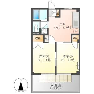 高知市東石立町　2DK　1F（P有・専用庭・南向・鏡川近く） の間取り画像