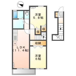 高知市横浜東町 2LDK 最上階(敷金０円・ネット無料) の間取り画像