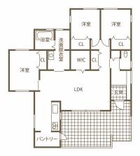 家族に必要な空間だけをつなぎ
暮らし方が広がる間取りにデザイニング 1F間取り図